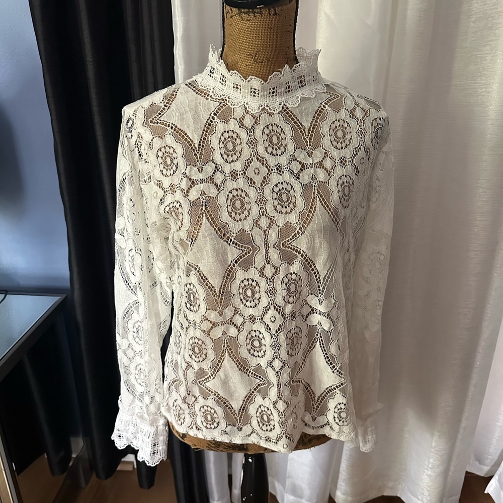 White Ruffled Bell Sleeve Blouse with Mandarin Collar